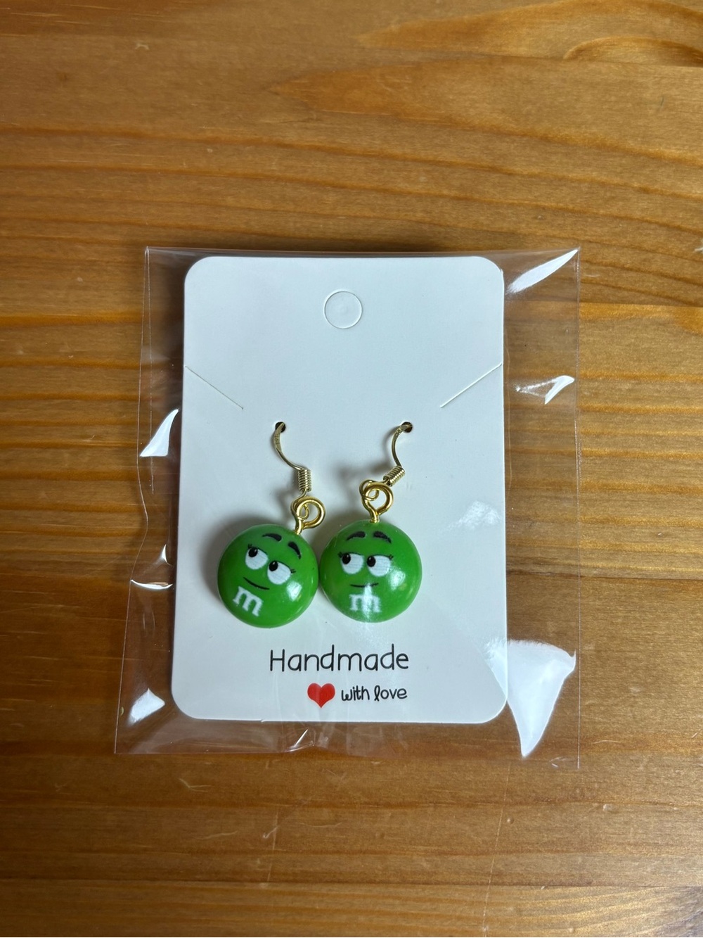 Novelty Dangle Green M&M Candy Earrings